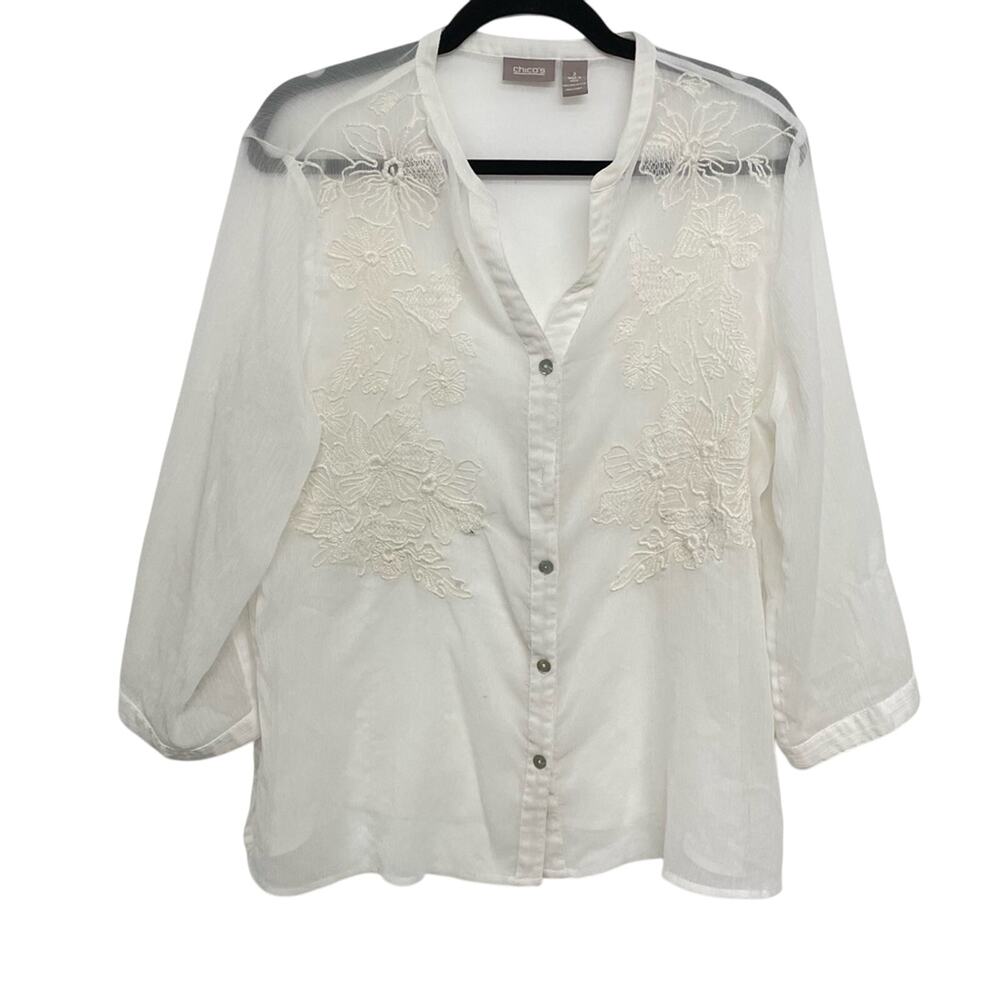 Chicos White Floral Embroidered Button Down Shirt Womens L Boho Sheer Cottage